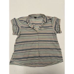 Eddie Bauer Women Blue and White Striped Short Sleeve Button Front Shirt Medium